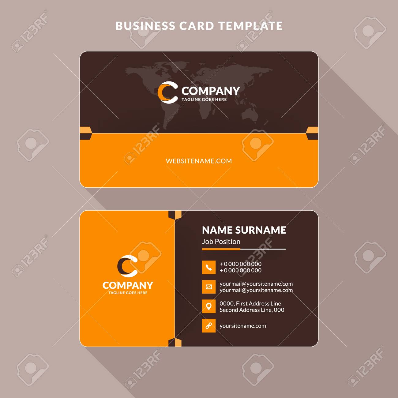 creative and clean double sided business card template orange