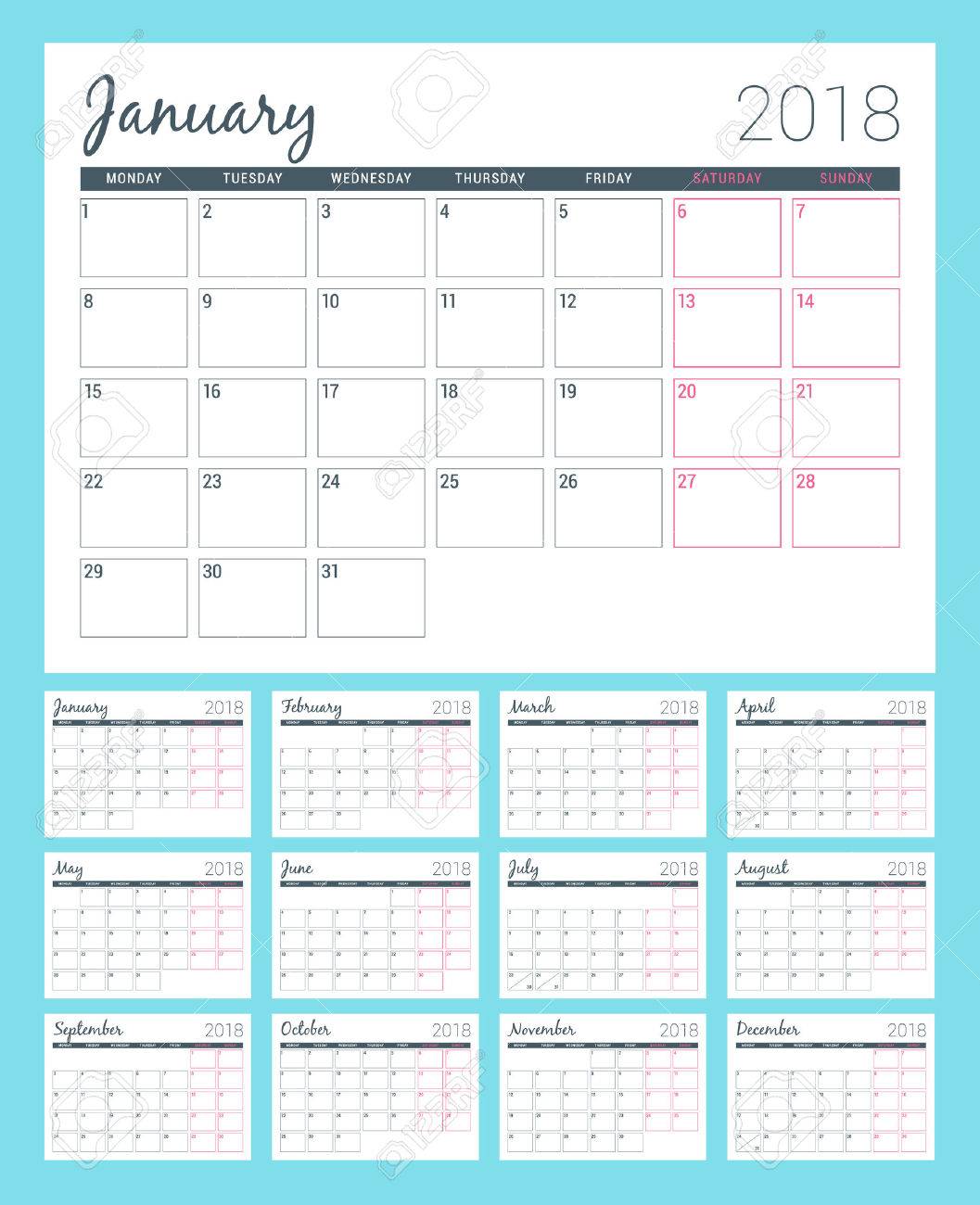 printable calendar for 2018 year planner design template week starts on monday stationery