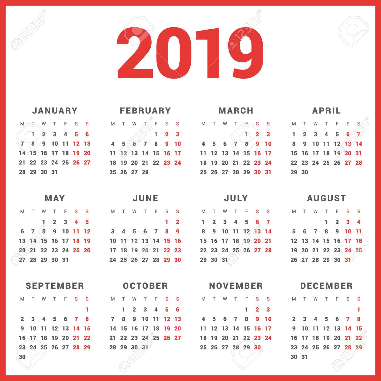calendar for 2019 year on white background week starts monday week calendar for 2019