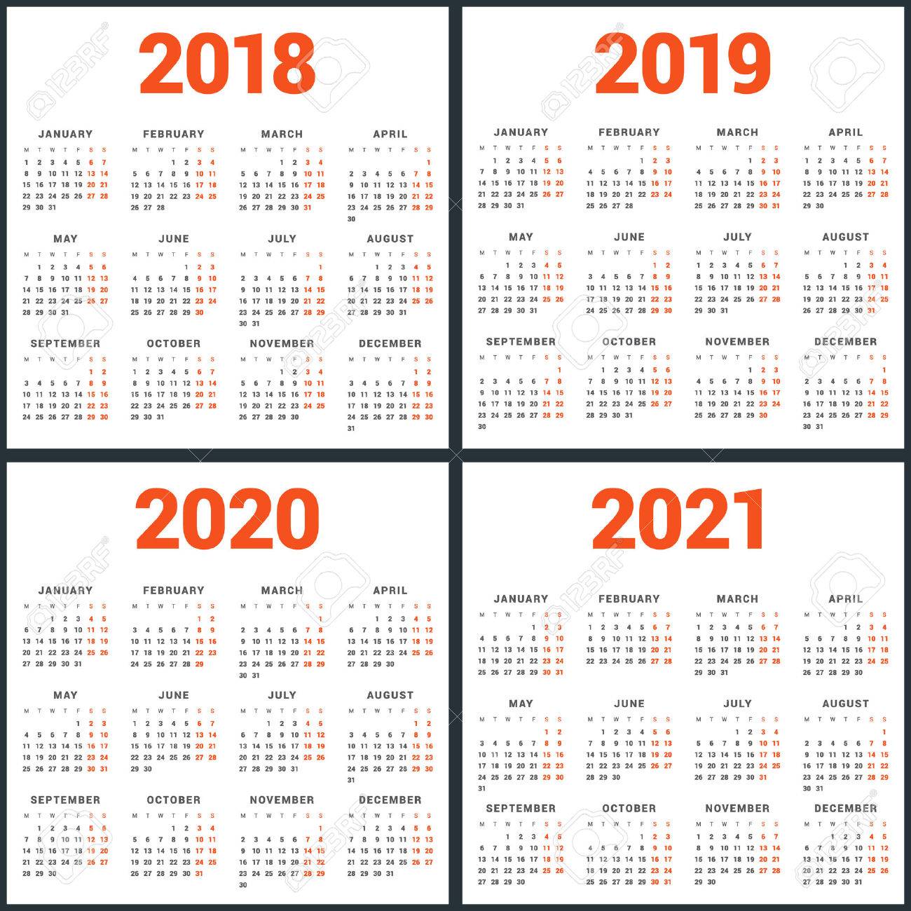 set of calendars for 2018 2019 2020 2021 years week starts week calendars