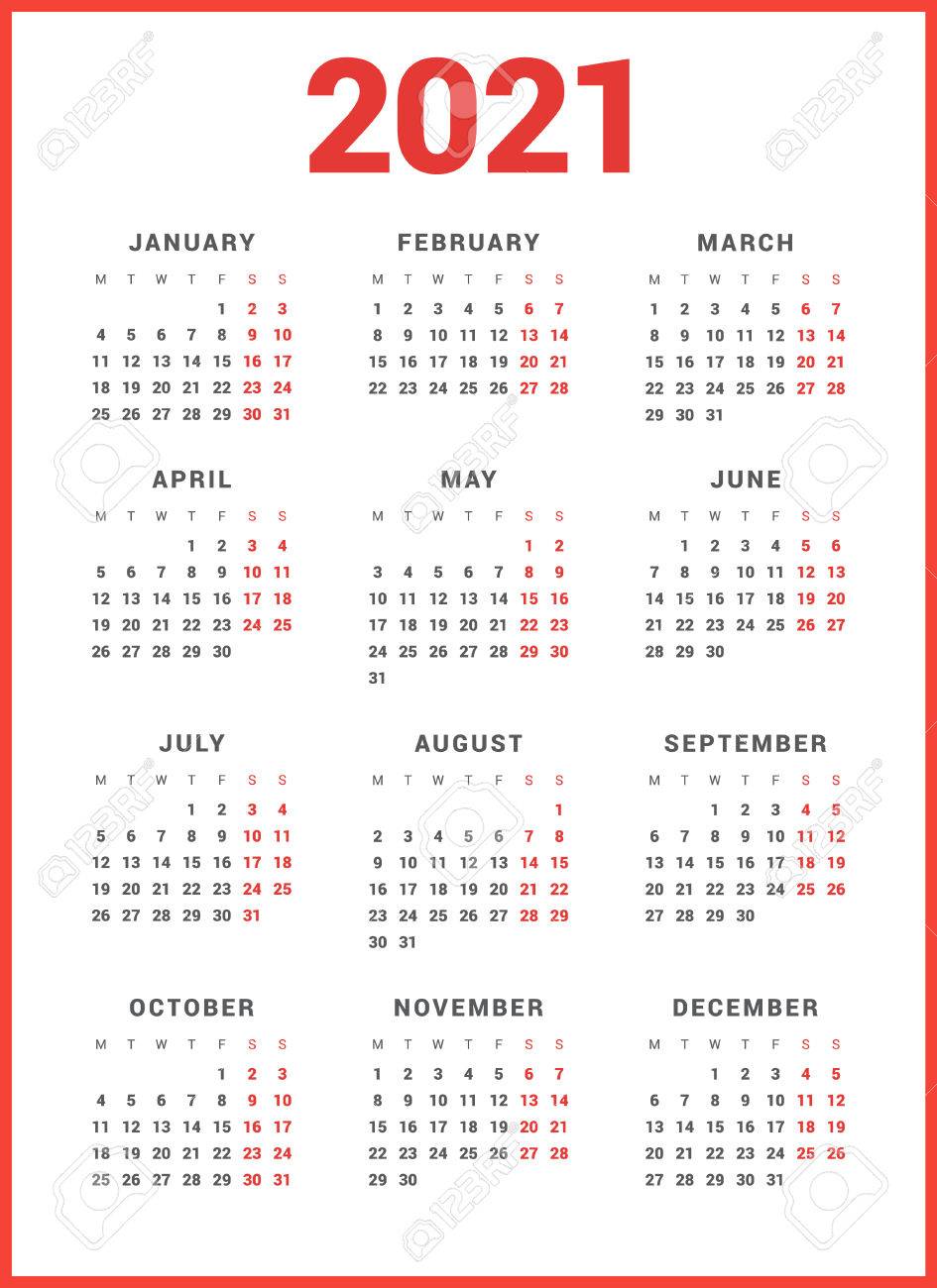 calendar for 2021 year on white background week starts monday simple vector template