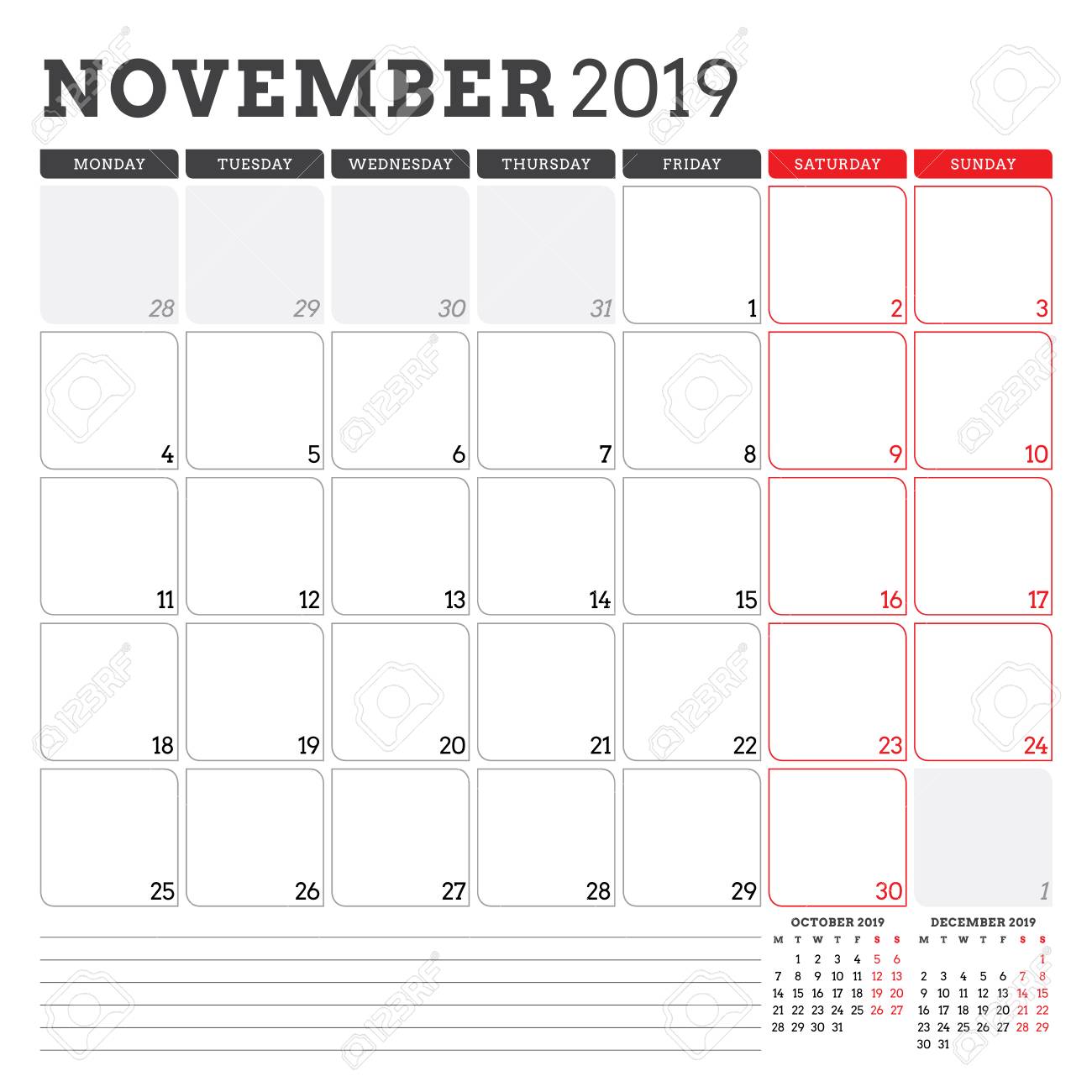 Calendar Planner For November 2019. Week Starts On Monday. Printable Vector  Stationery Design Template Royalty Free SVG, Cliparts, Vectors, And Stock  Illustration. Image 97724569.