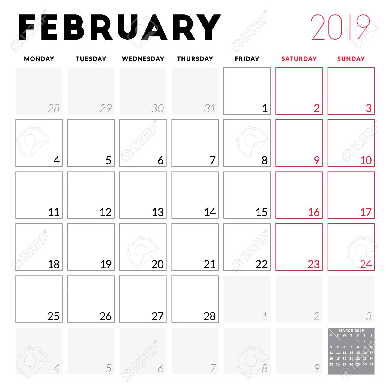 Calendar planner for February 2019. 7 days starts off upon Monday. Printable.. image about Printable Planner Calendar called Calendar planner for February 2019. 7 days begins upon Monday. Printable..