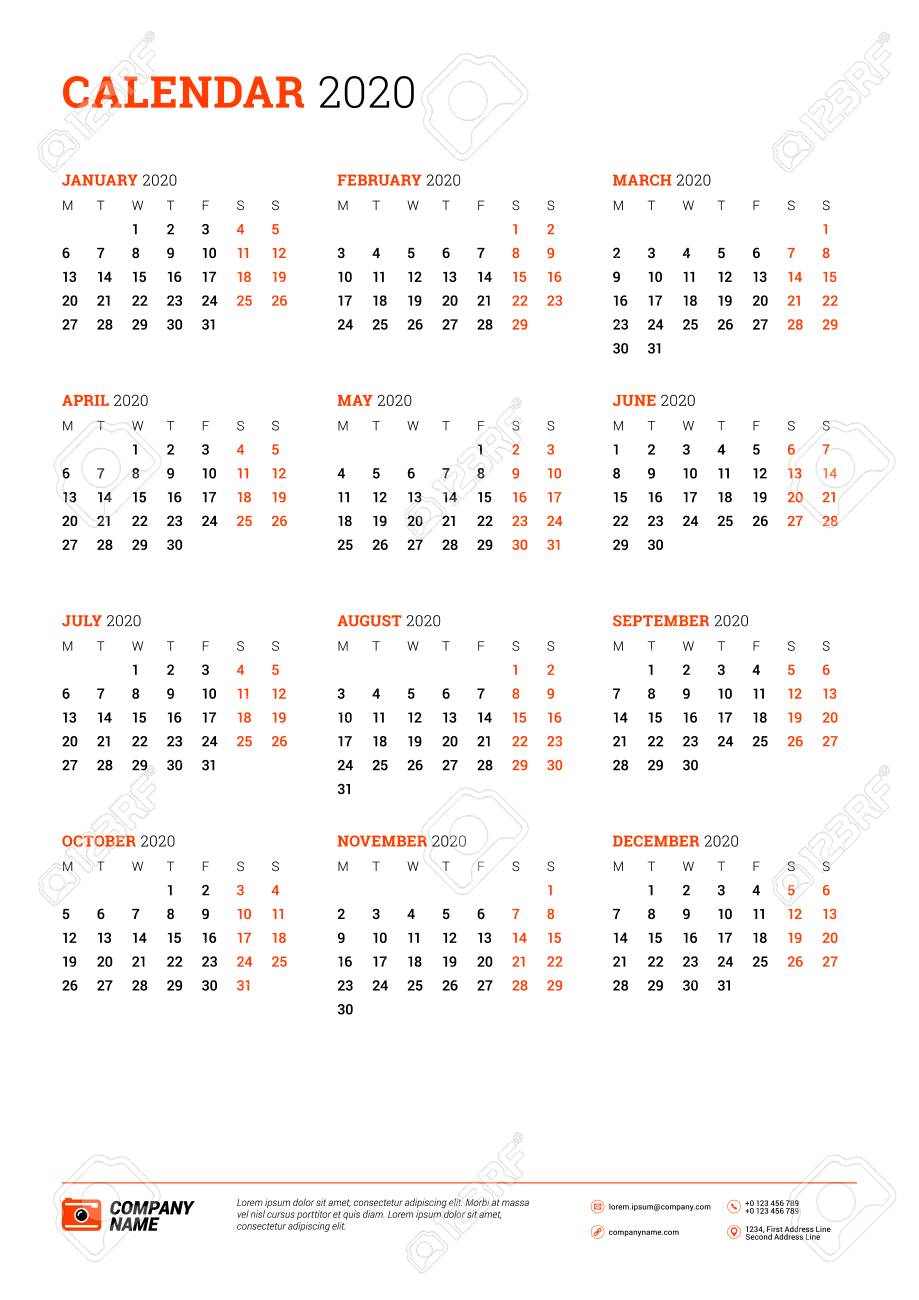 calendar for 2020 year week starts on monday printable vector stationery design template royalty free svg cliparts vectors and stock illustration image 114917649
