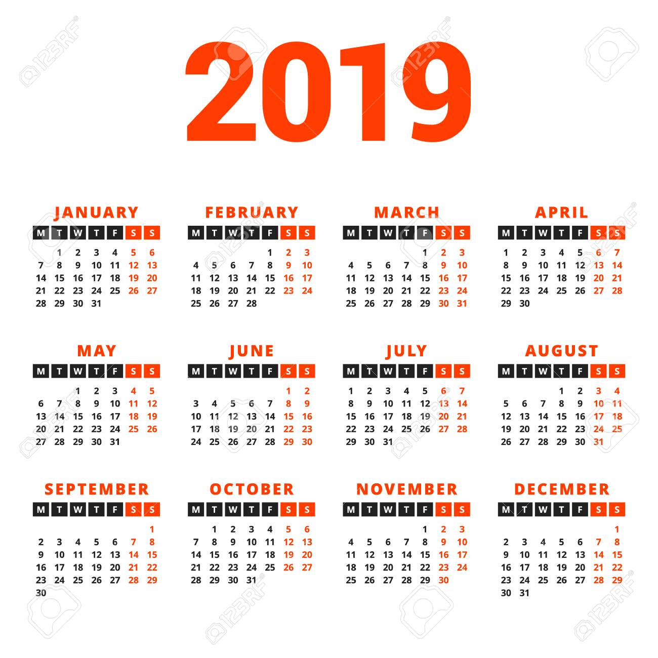 Calendar For 2019 Year On White Background. Week Starts On Monday. 4  Columns, 3 Rows. Simple Calendar Vector Design Element For Your Poster,  Flyer, Planner, Card. Stationery Design Template Royalty Free SVG,, image size:1300x1300