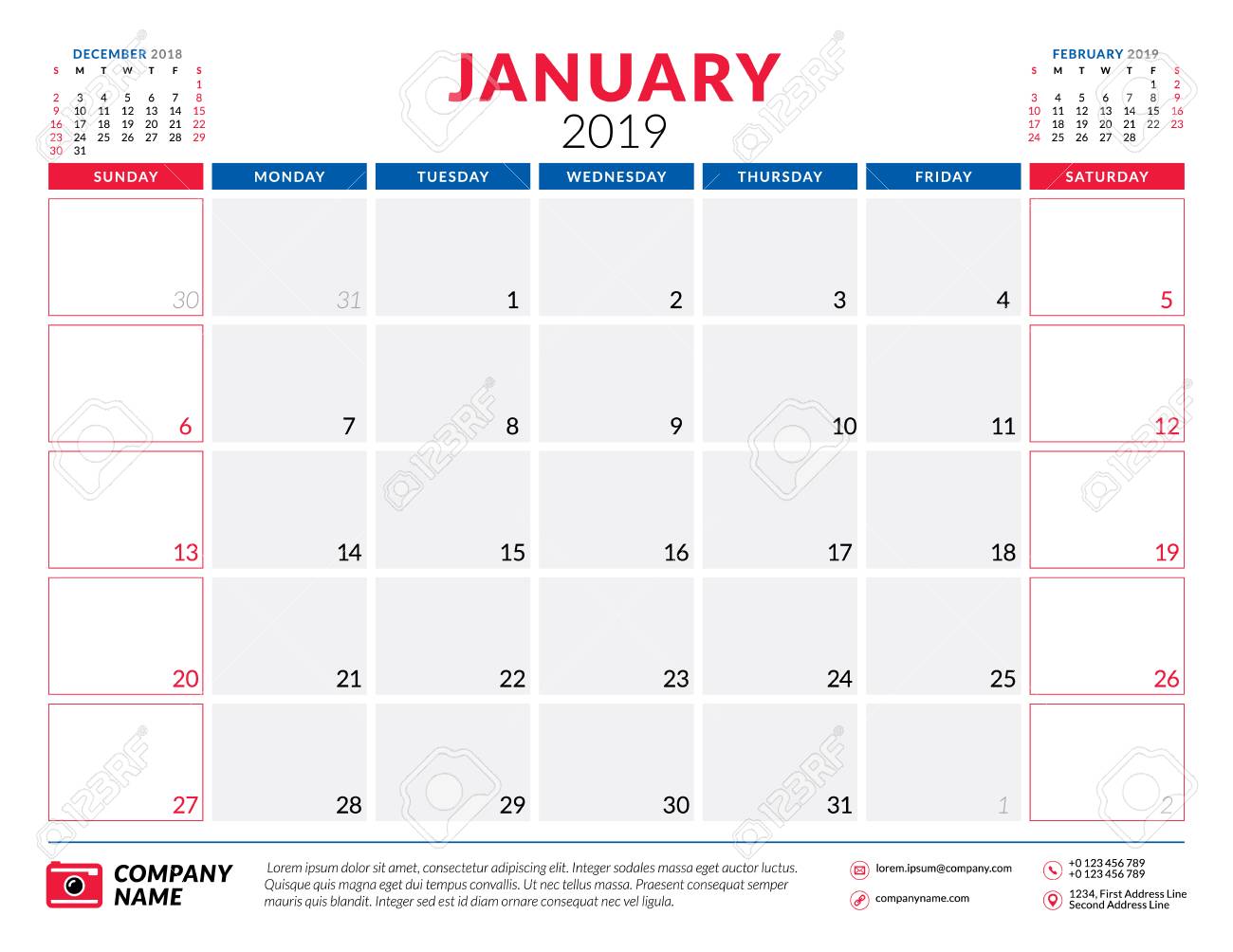 january 2019 calendar planner stationery design template vector january 2019 calendar clip art
