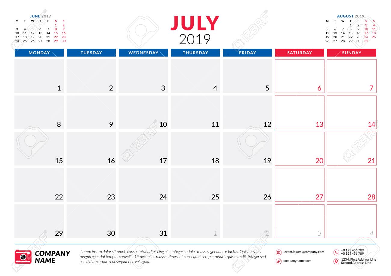 july 2019 calendar planner stationery design template vector calendar july 2019 template