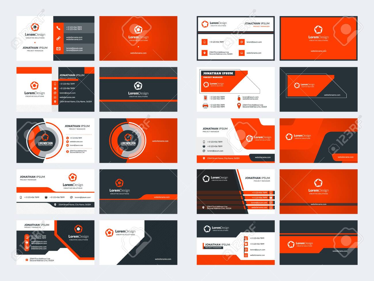Set of 10 double sided business card templates. Red color theme. Stationery design. Vector illustration - 123748589 Set of 10 double sided business card templates. Red color theme. Stationery design. Vector illustration - 123748589