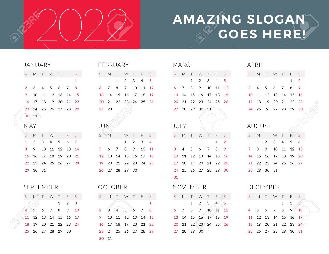 Calendar For 2022 Year. Week Starts On Sunday. Printable Vector Stationery  Design Template Royalty Free Cliparts, Vectors, And Stock Illustration.  Image 137270986.