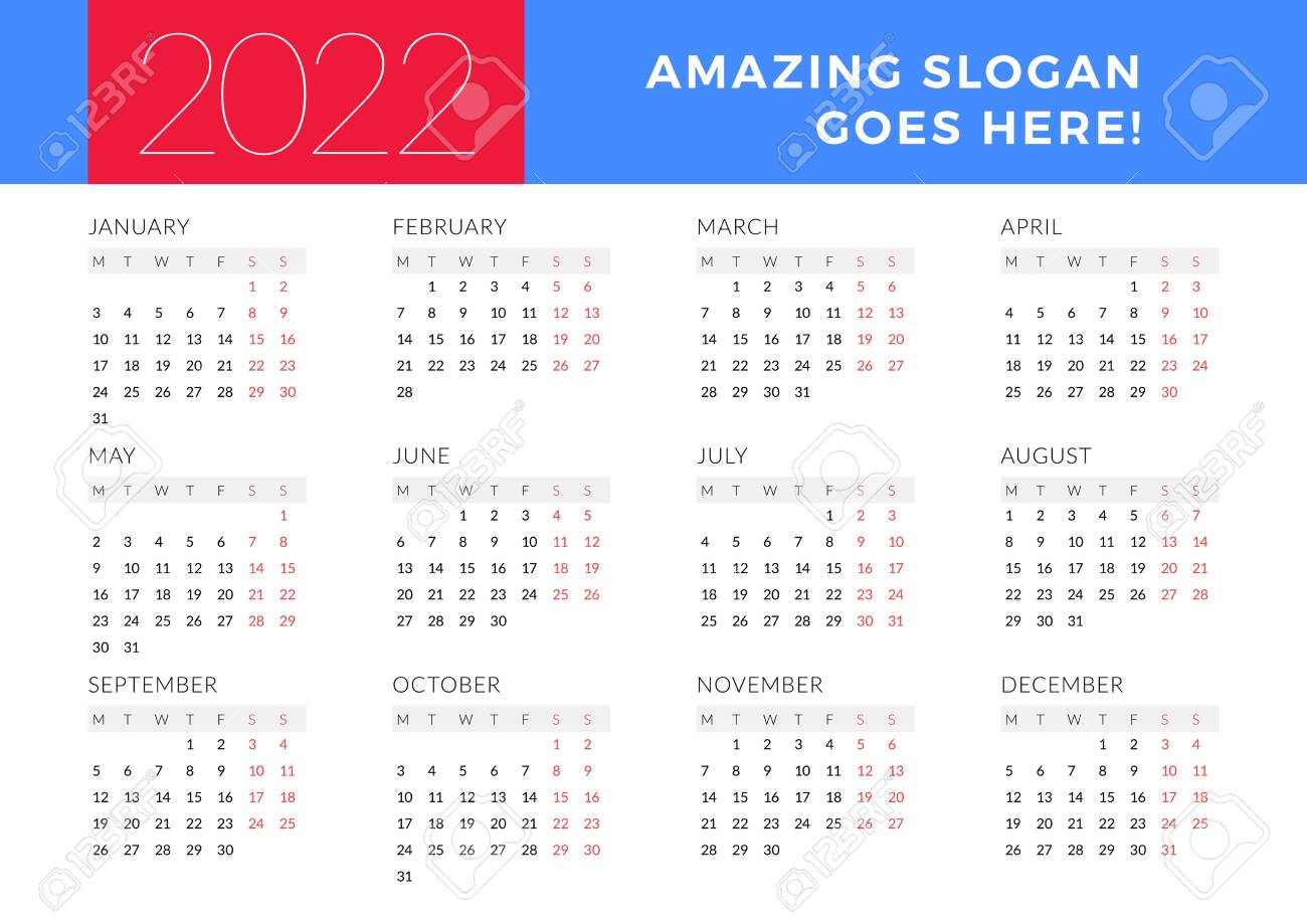 Week Calendar 2022 Calendar For 2022 Year. Week Starts On Monday. Printable Vector Stationery  Design Template Royalty Free Cliparts, Vectors, And Stock Illustration.  Image 138011962.