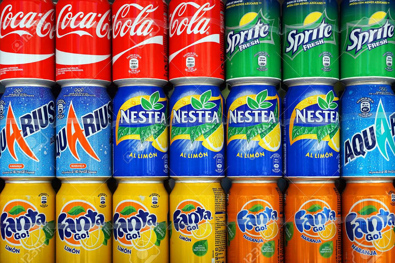 Madrid Spain September 11 Carbonated Drinks Company Coca Cola Coca Cola Sprite Nestea Fanta Aquarius On A Counter Of Street Shop In Madrid On September 11 2015 Stock Photo Picture And Royalty Free