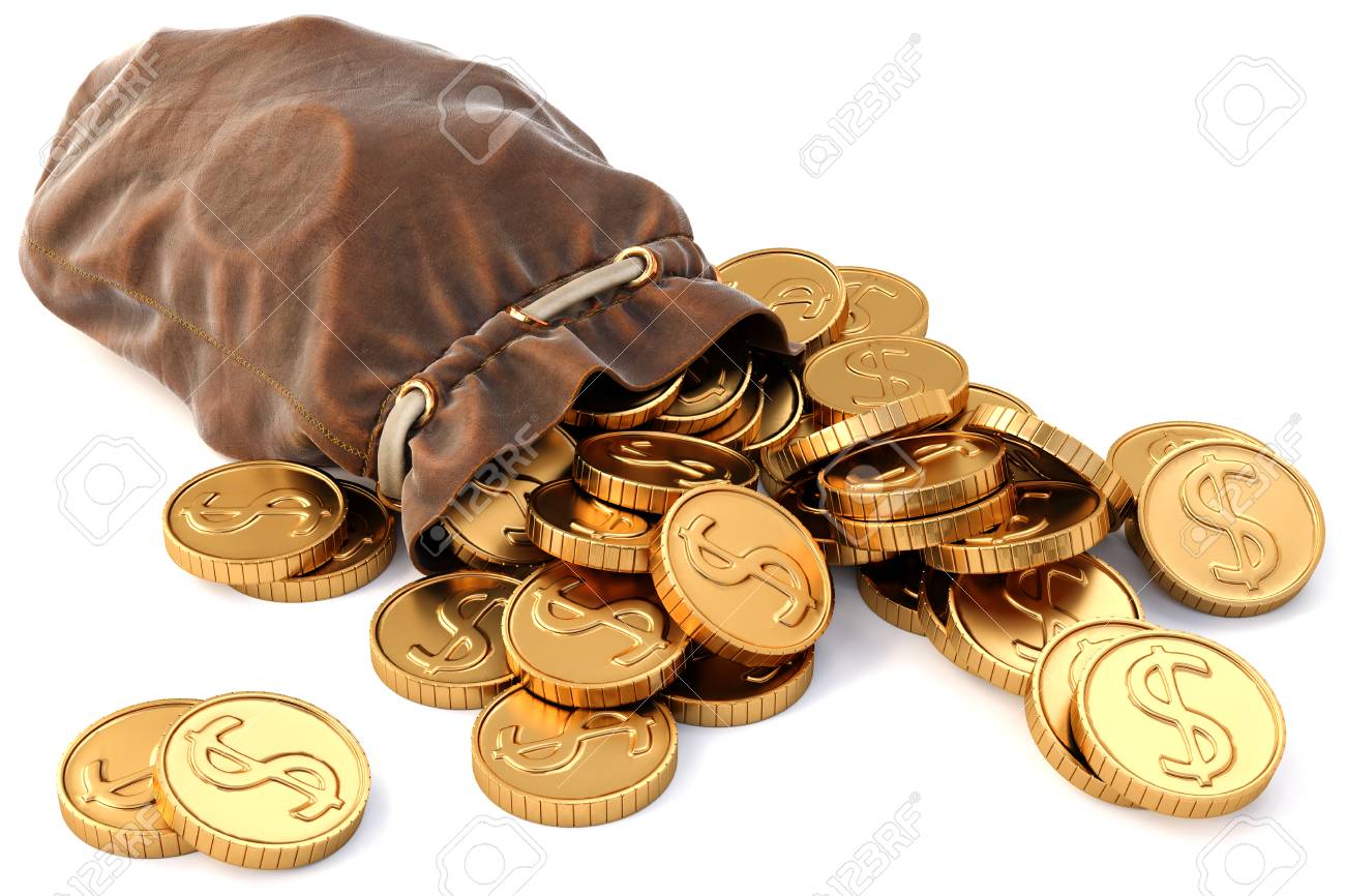 Gold Coins Fall Out Of A Leather Sack In 3D Illustration. Stock Photo,  Picture And Royalty Free Image. Image 84292728.