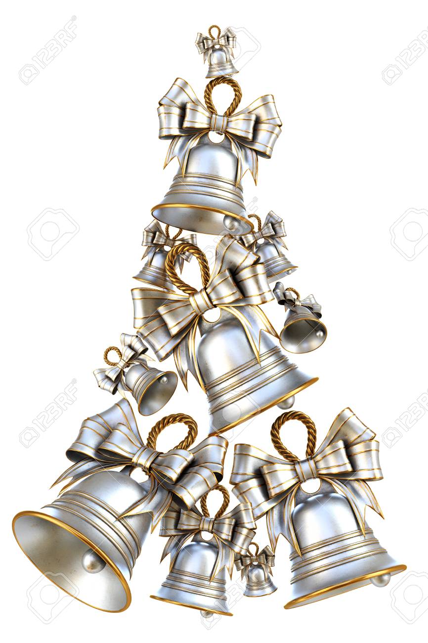 クリスマスと新年のための装飾的な銀の鈴 白い背景上に分離 3 D イラスト の写真素材 画像素材 Image