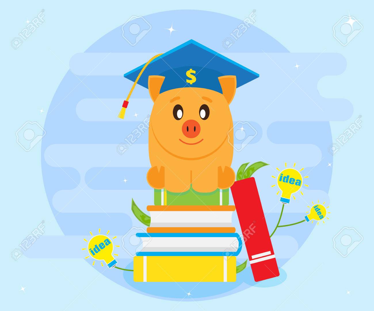 本の上に座って大学院キャップの貯金箱豚 教育 訓練 自習 読書 知識は豊かのアイデアです 教育への投資 漫画 フラット スタイルのイラスト素材 ベクタ Image