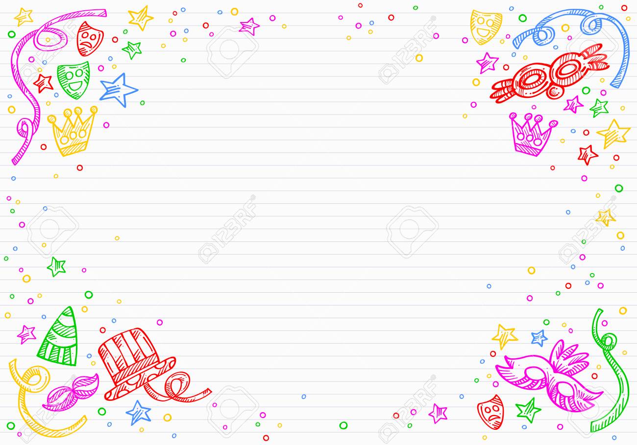 white carnival background with doodles of masks confetti and