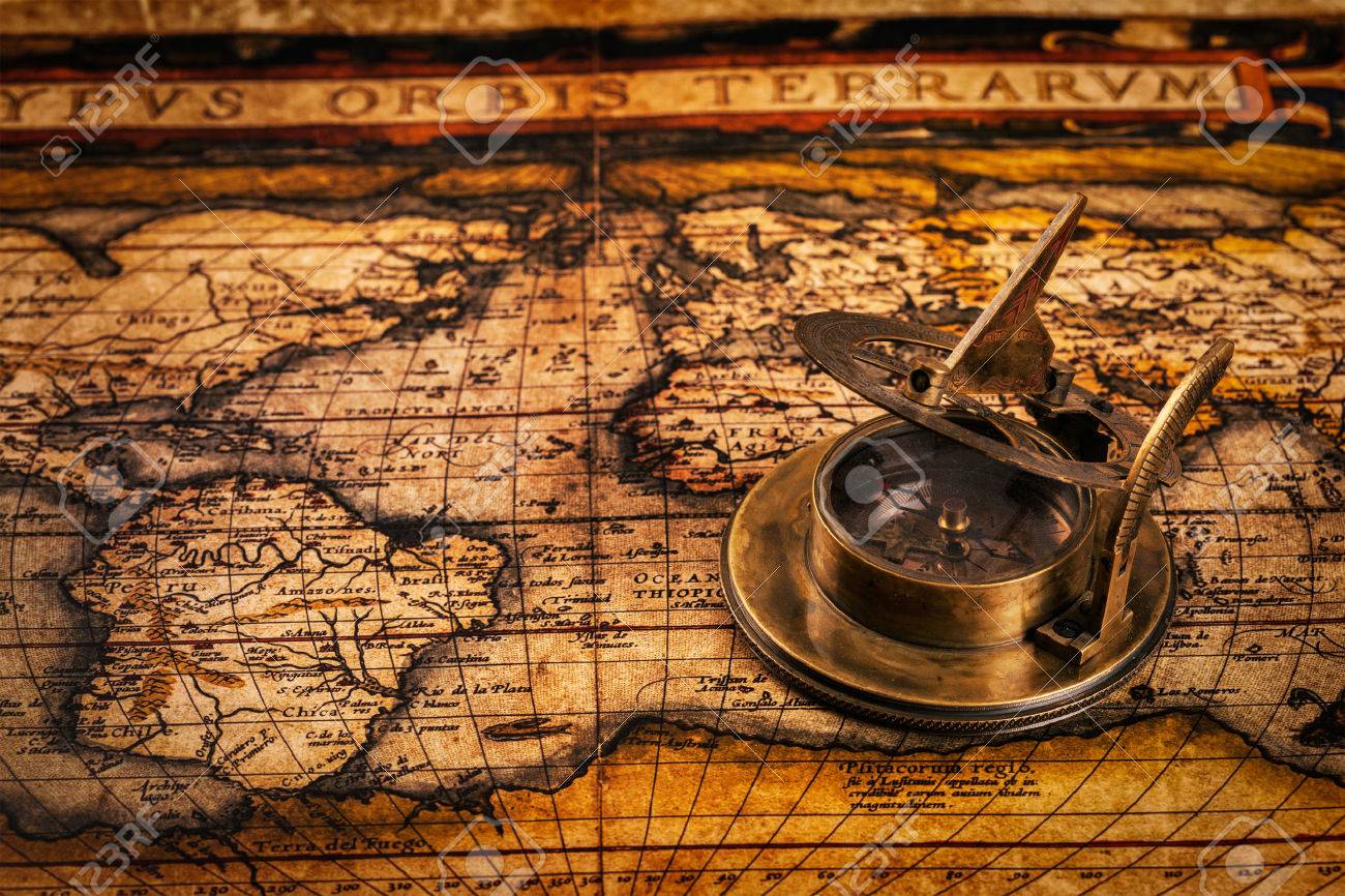 Travel geography navigation concept background - old vintage retro compass with sundial on ancient world map - 43579232 Travel geography navigation concept background - old vintage retro compass with sundial on ancient world map - 43579232