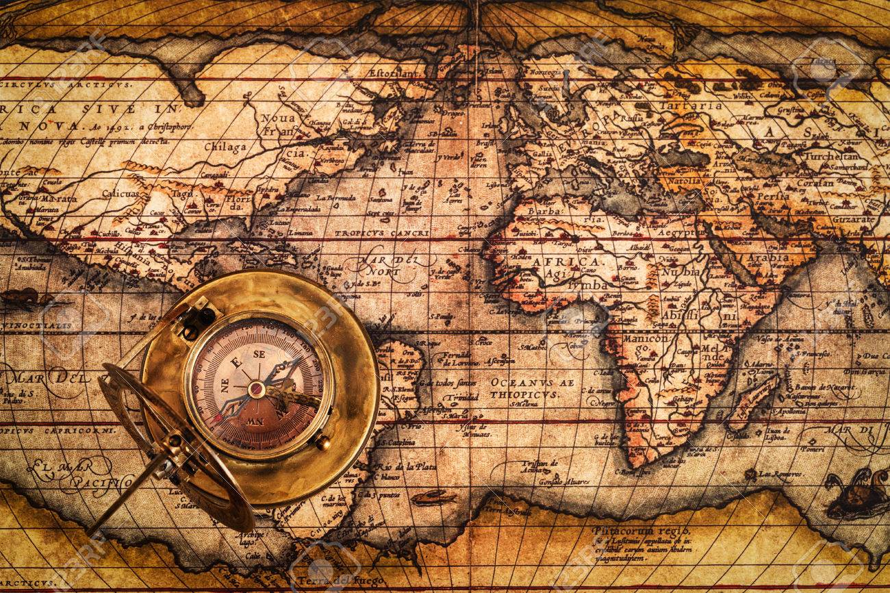 Travel geography navigation concept background - old vintage retro compass with sundial on ancient world map - 46100090 Travel geography navigation concept background - old vintage retro compass with sundial on ancient world map - 46100090