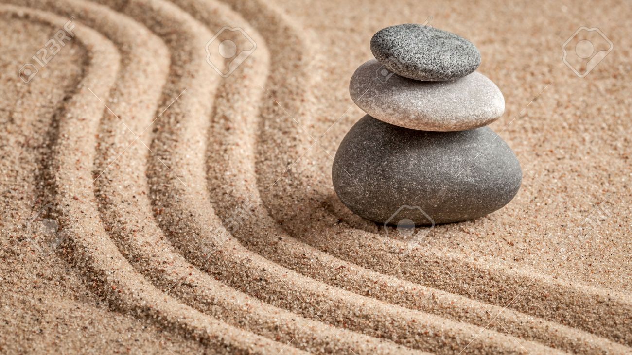 Japanese Zen stone garden - relaxation, meditation, simplicity and balance concept - panorama of pebbles and raked sand tranquil calm scene - 47713477 Japanese Zen stone garden - relaxation, meditation, simplicity and balance concept - panorama of pebbles and raked sand tranquil calm scene - 47713477
