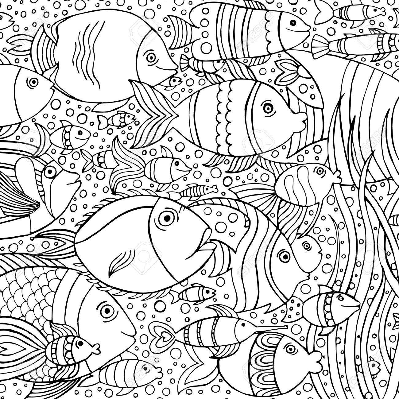 coloring book pages for kids and adults Hand drawn background with many fishes in the water Sea life design for relax and