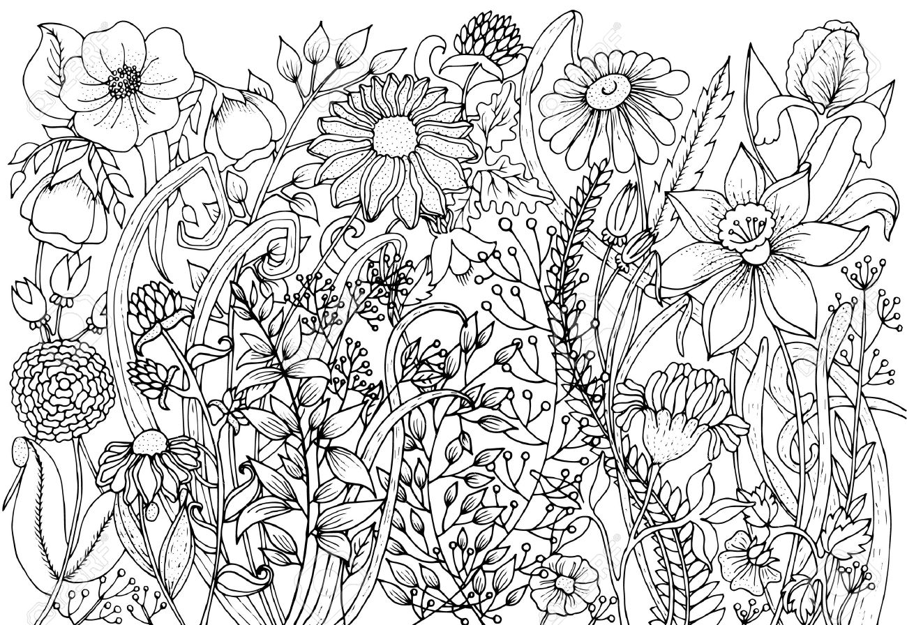 coloring book pages for kids and adults background with doodles flowers leaves Nature design for relax meditation pattern