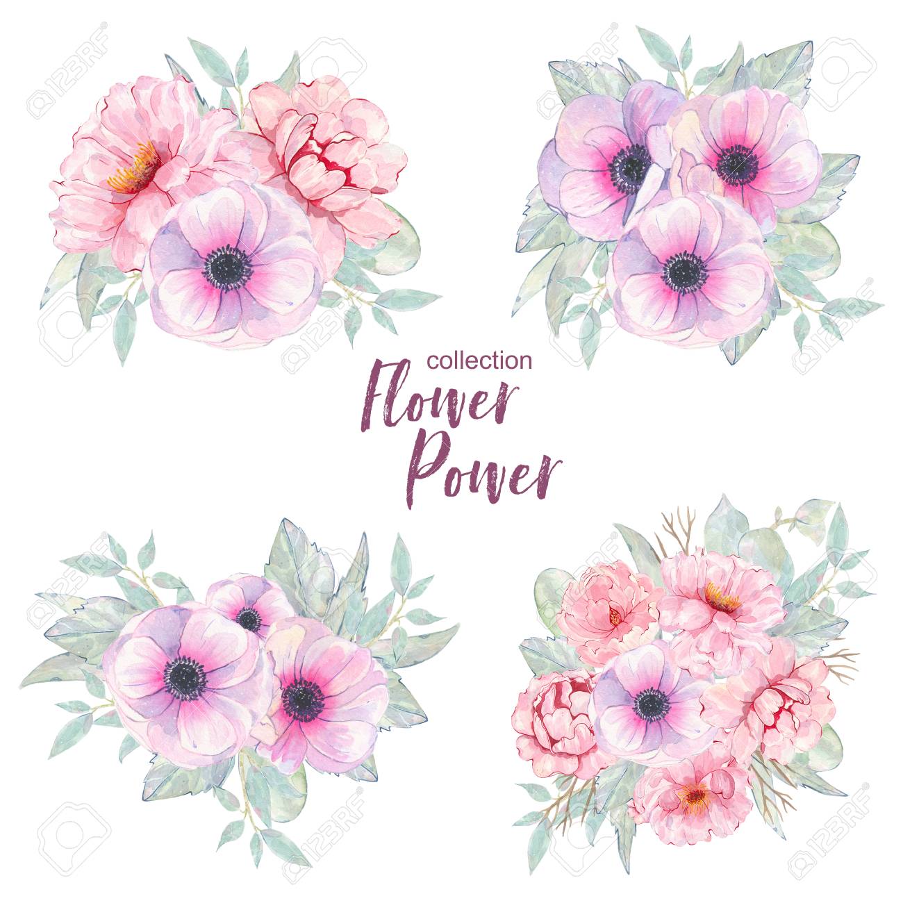 水彩の手描きの花ピンク アネモネと牡丹花束ホワイト バック グラウンド上に分離します 葉と花のイラスト ボタニカル アート の写真素材 画像素材 Image