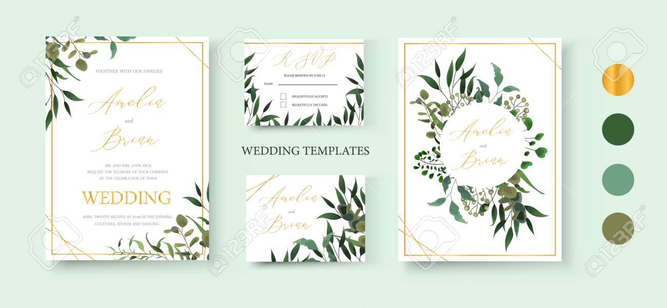 wedding floral golden invitation card save the date rsvp design with green tropical leaf herbs eucalyptus wreath and frame botanical elegant rsvp design
