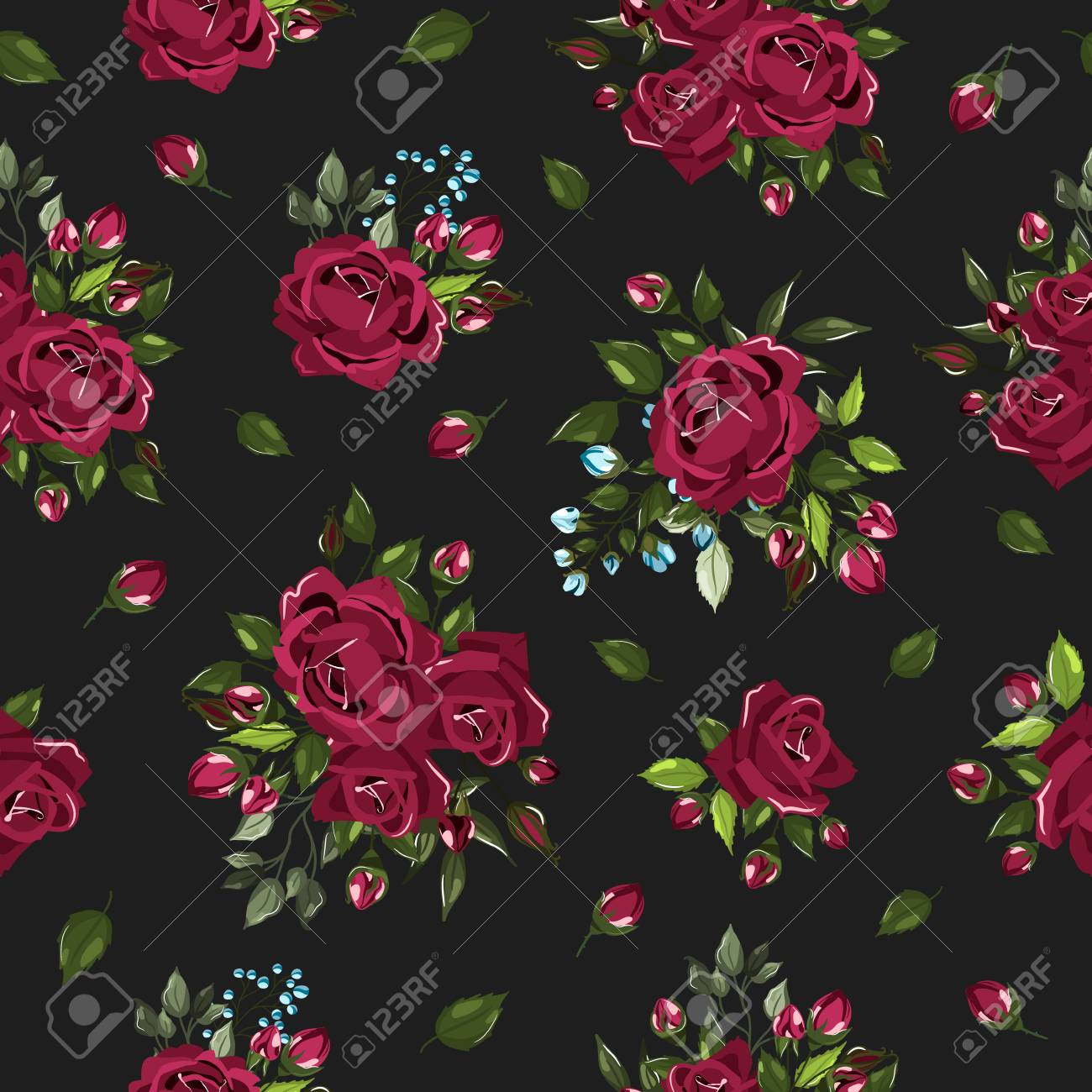 Seamless Floral Pattern With Bordo Burgundy Rose Flowers Bouquets And Green  Leaves On Dark Background. Maroon Floral Branch, Arrangements For Textile,  Fabric. Vector Illustration In Watercolor Style Royalty Free SVG, Cliparts,  Vectors,