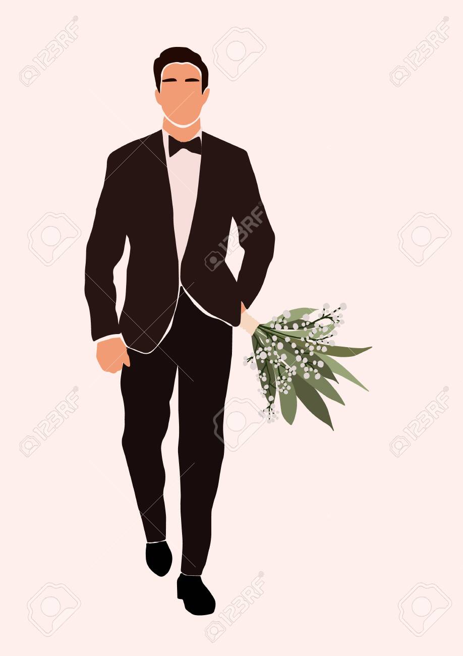 Abstract Groom In Wedding Suit With Wedding Bouquet In Hand Card Isolated  On Light Background. Fashion Minimal Trendy Man In Cartoon Flat Style.  Trendy Poster Wall Print Decor Vector Illustration Royalty Free, image size:918x1300