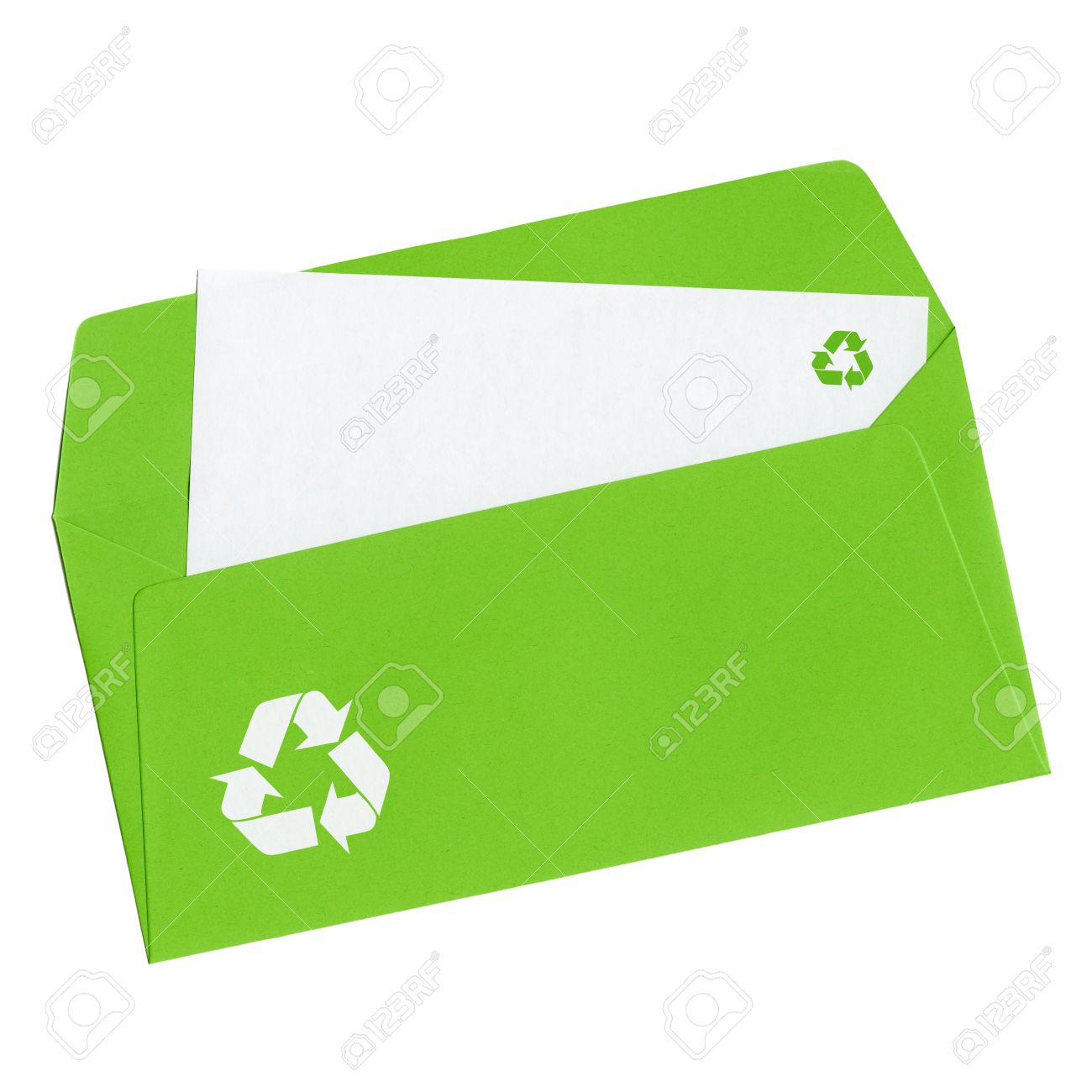 recycling sign on a blank letter in open green envelope isolated