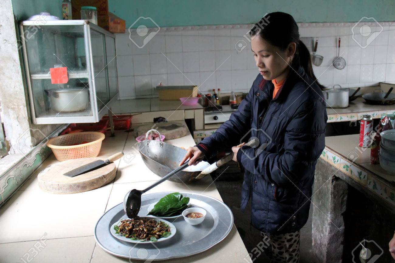 HAI DUONG, VIETNAM, MAY 27: Female chef process fried cicadas, unique rustic dishes of Vietnam on May 27, 2013 in Con Son pagoda, Chi Linh, Hai Duong, Vietnam - 22716424 HAI DUONG, VIETNAM, MAY 27: Female chef process fried cicadas, unique rustic dishes of Vietnam on May 27, 2013 in Con Son pagoda, Chi Linh, Hai Duong, Vietnam - 22716424
