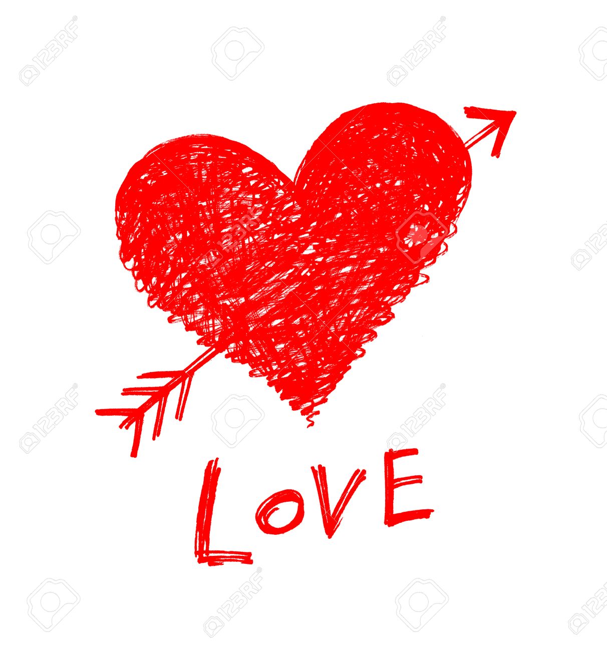 drawing of a heart pierced by an arrow with word love stock photo