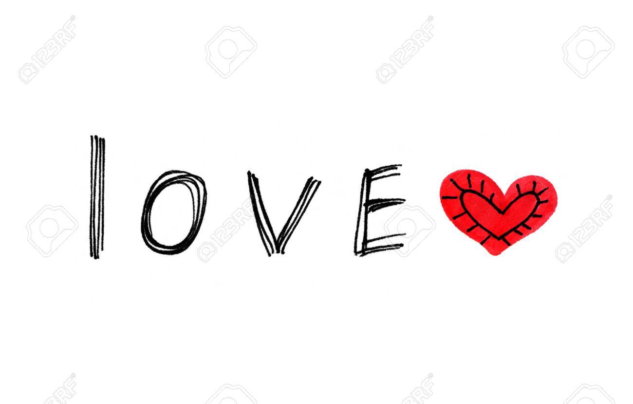 word love with abstract red heart on white background heart on word