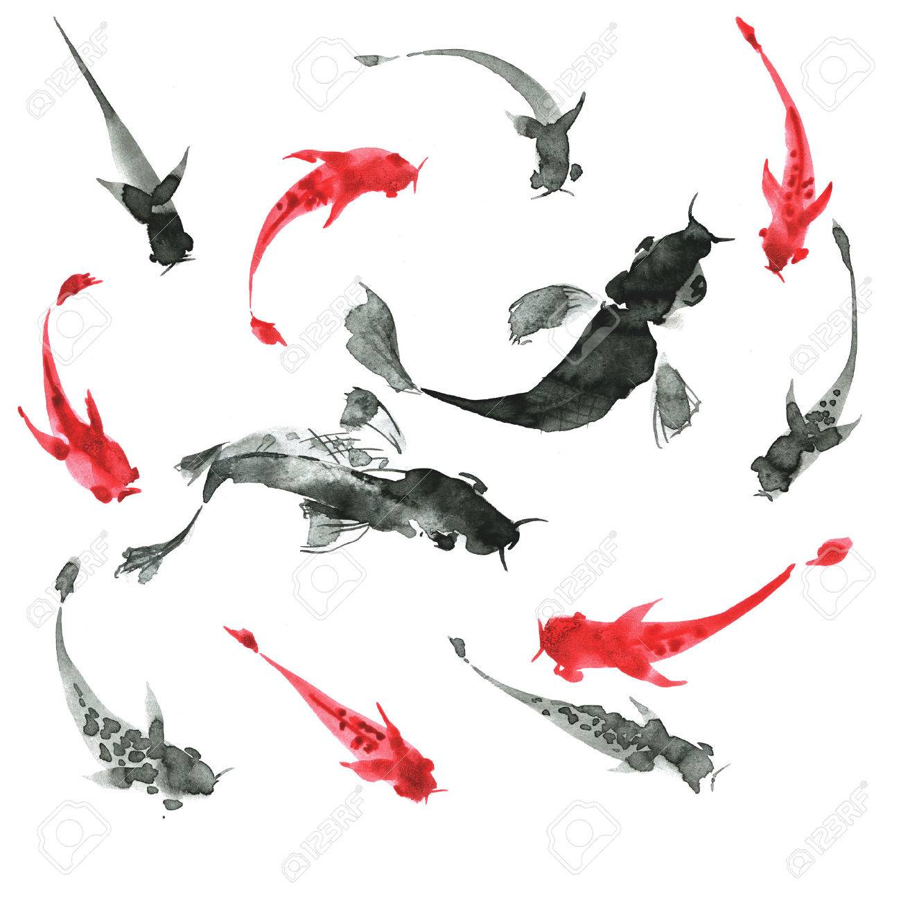 水墨画 魚と海産物 手描き - 絵画