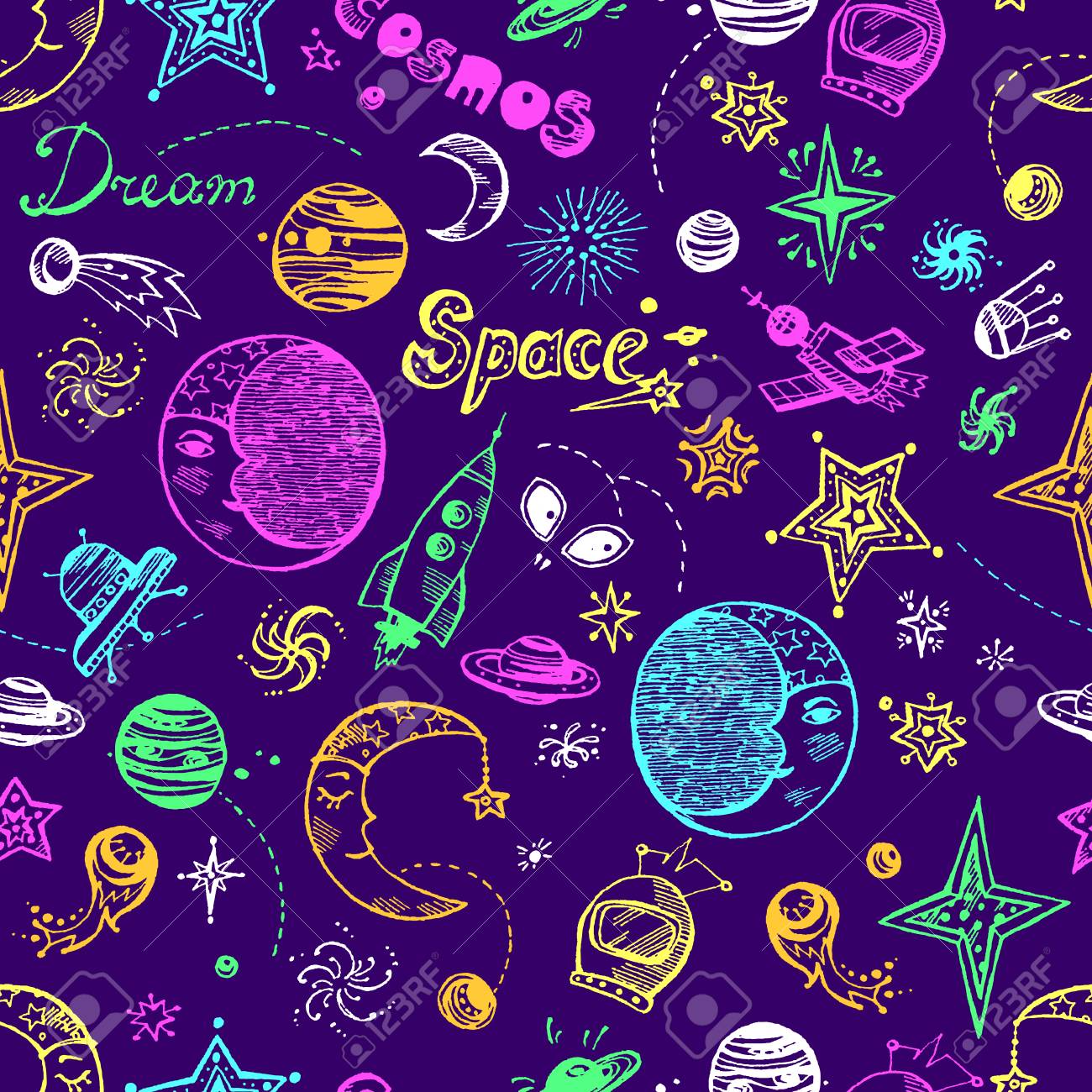 手描き落書きスペースの要素を持つシームレス パターン 星 P のイラスト素材 ベクタ Image