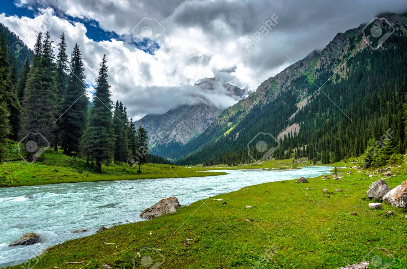 Stunning Landscape Of Forest And River In Karakol National Park Kyrgyzstan Stock Photo Picture And Royalty Free Image Image 88570983