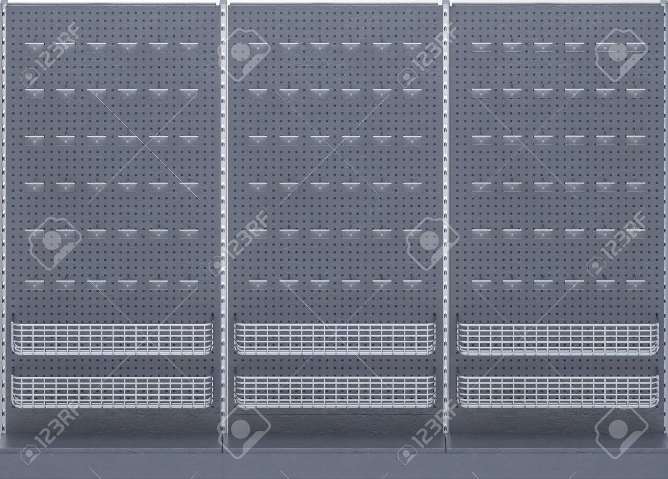 3d Image Pattern Of Dark Gray Grocery Shelves Racks With Hooks Stock Photo Picture And Royalty Free Image Image