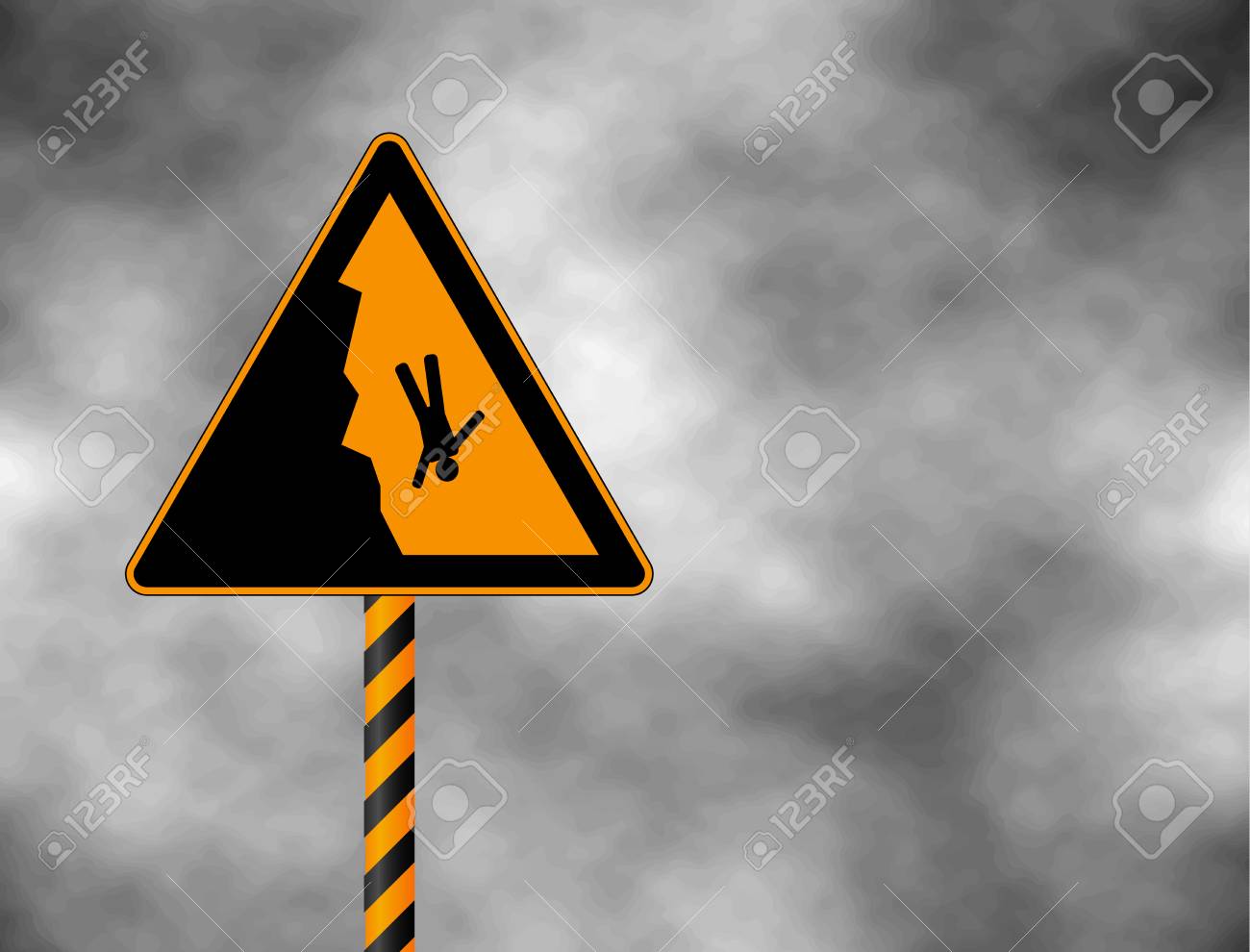 危険崖エッジ警告標識 大雪時のスキーヤーやスノーボーダーのための山中の警告サイン ベクトルイラストは 灰色の空に孤立して落下の危険性を警告します の イラスト素材 ベクタ Image