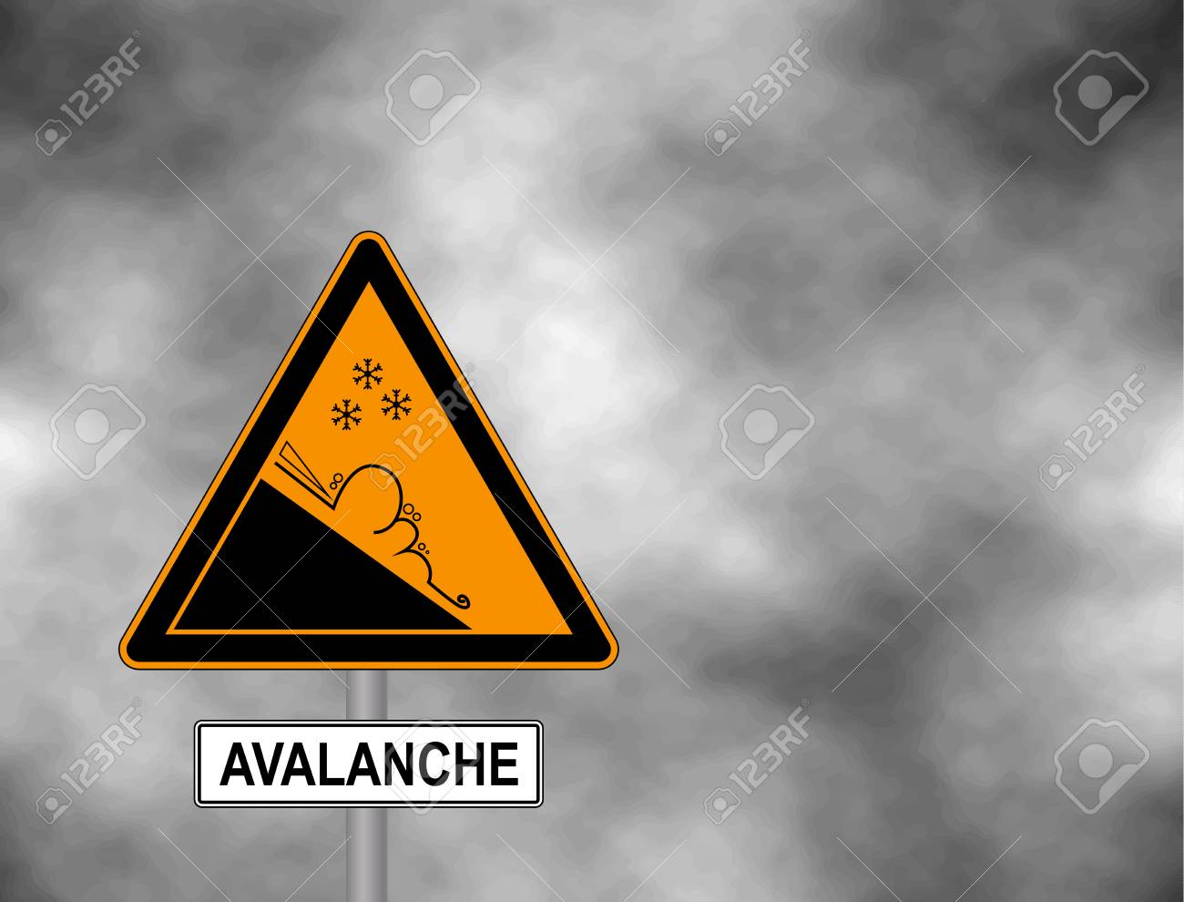 Winter Snow Covered Mountains And Warning Sign Of Avalanche Danger Isolated  On A Grey Sky. Danger Sign Avalanches Of Ice And Snow At Highway Or Road.  Vector Illustration Клипарты, SVG, векторы, и