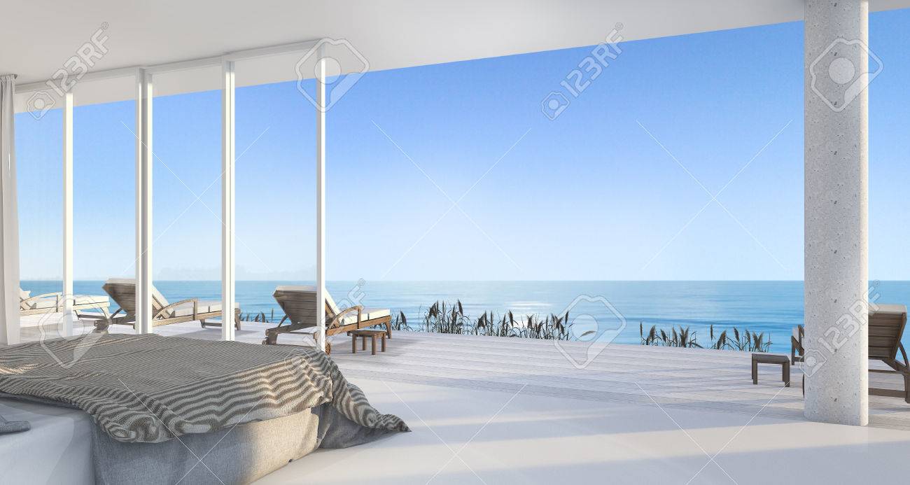 Rendu 3d Villa De Luxe Chambre Près De La Plage Avec Une Belle Scène De La Fenêtre