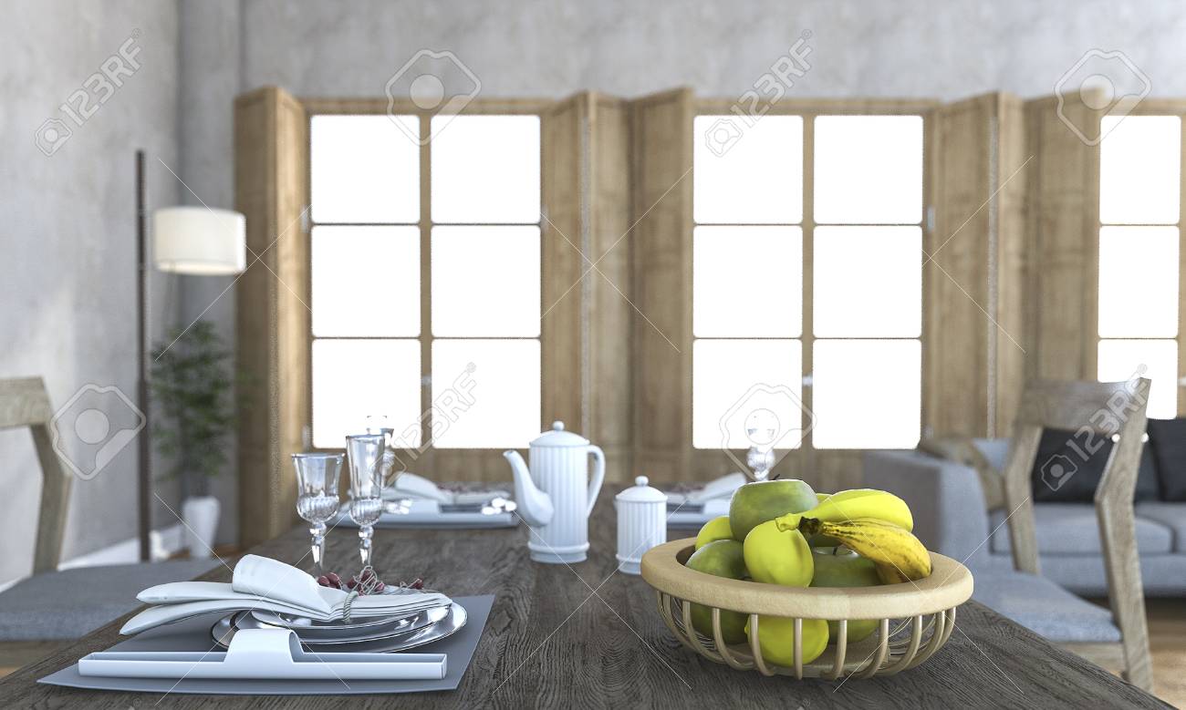 Procesamiento 3D Agradable Fruta Y Cena Conjuntos En El Comedor ... Procesamiento 3D Agradable Fruta Y Cena Conjuntos En El Comedor ...