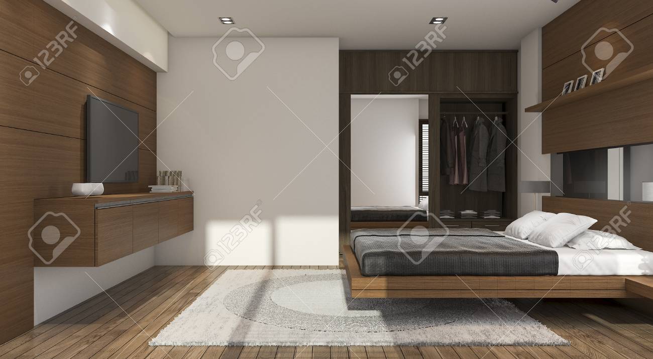 3 D レンダリング素晴らしい現代的な木製の寝室 テレビ クローゼット の写真素材 画像素材 Image 6703