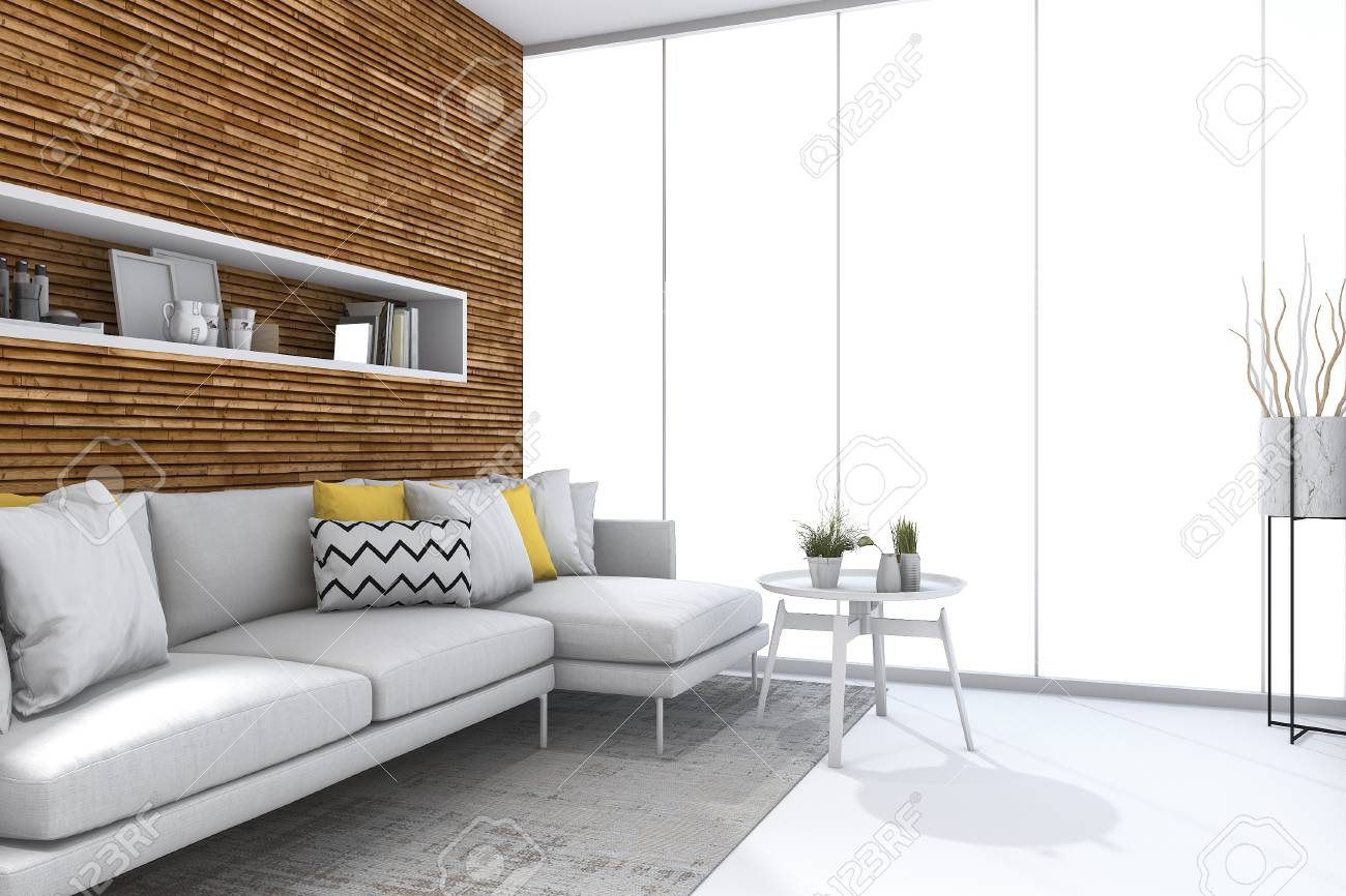 Rendering 3d costruito in parete di legno con divano in salotto ... Salotto bianco