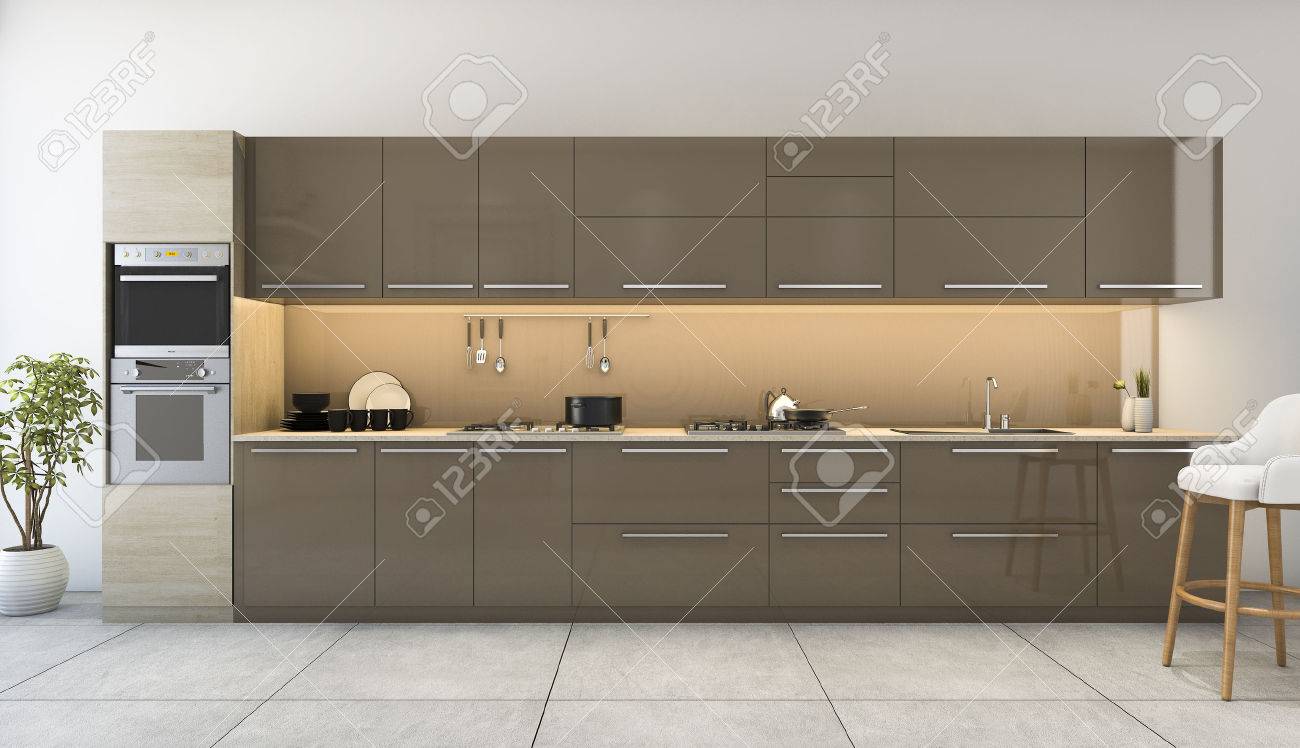 3d Rendering Nice Wooden Kitchen With Modern Decor Stock Photo