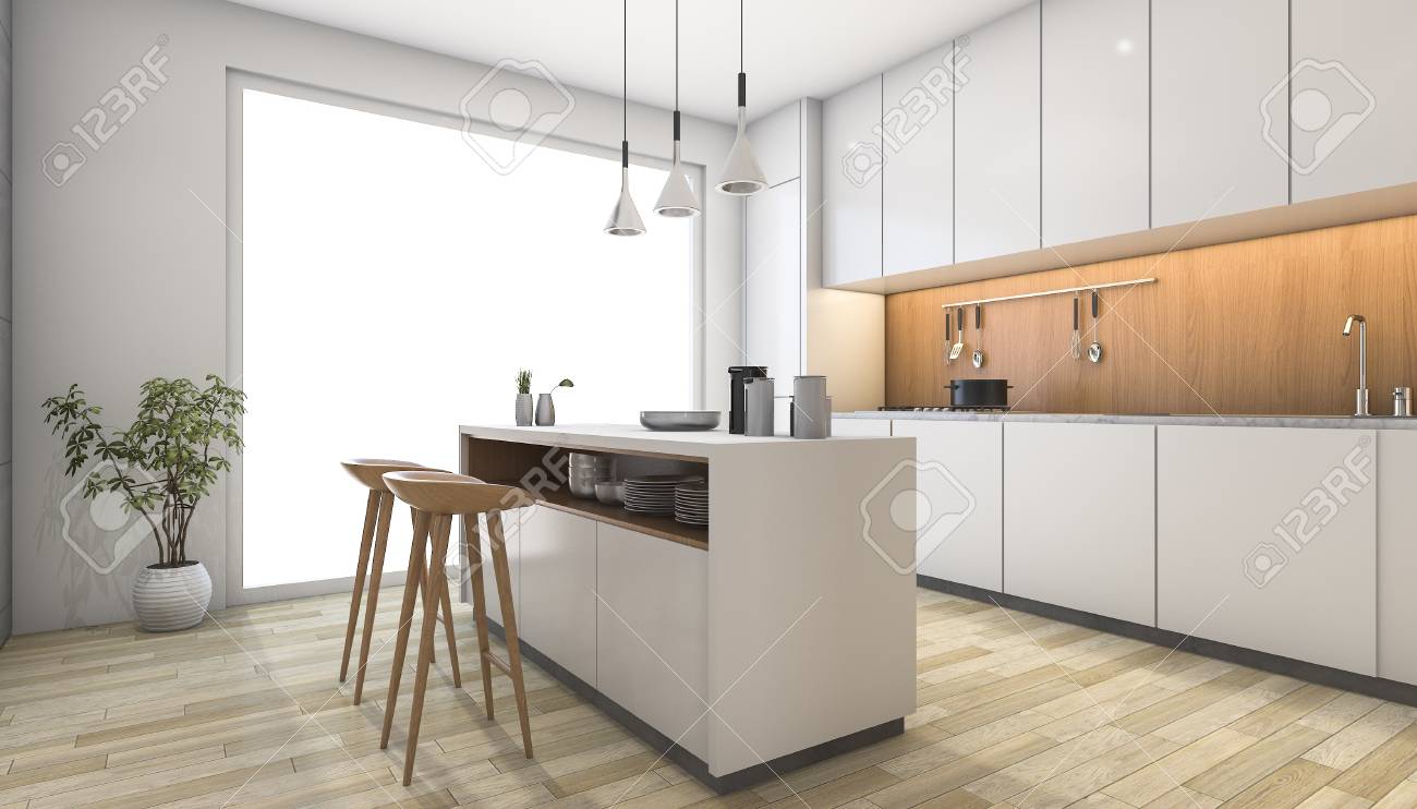3d Rendering White Modern Kitchen With Wood Bar Stock Photo Picture And Royalty Free Image Image 71610537
