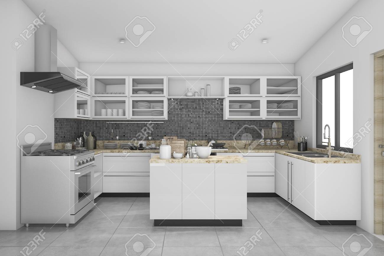 3d Rendering Nice Modern White And Mosaic Kitchen Stock Photo