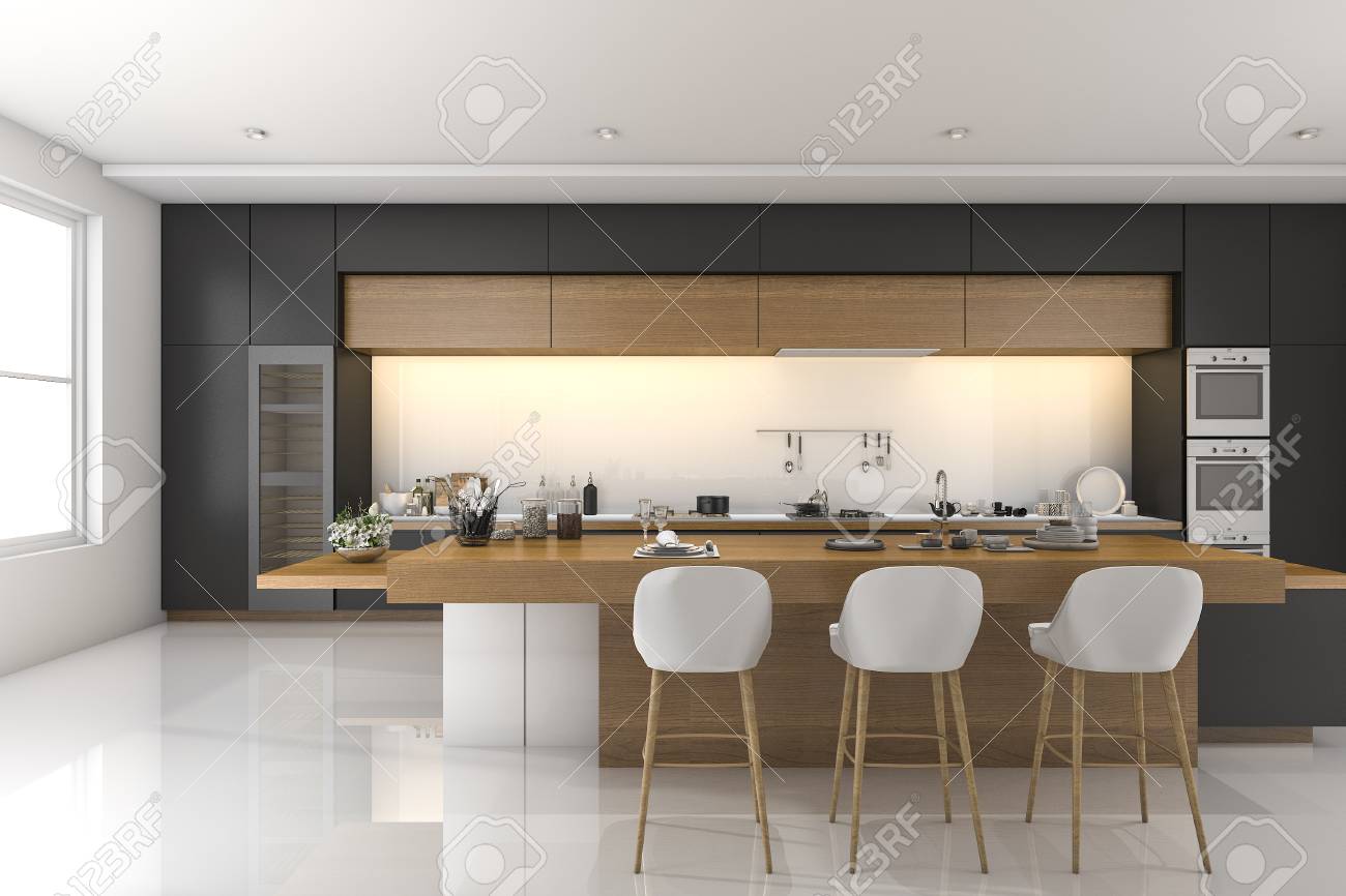 Cuisine Noire Moderne Avec Decoration En Bois 3d Banque D Images Et Photos Libres De Droits Image 75391421