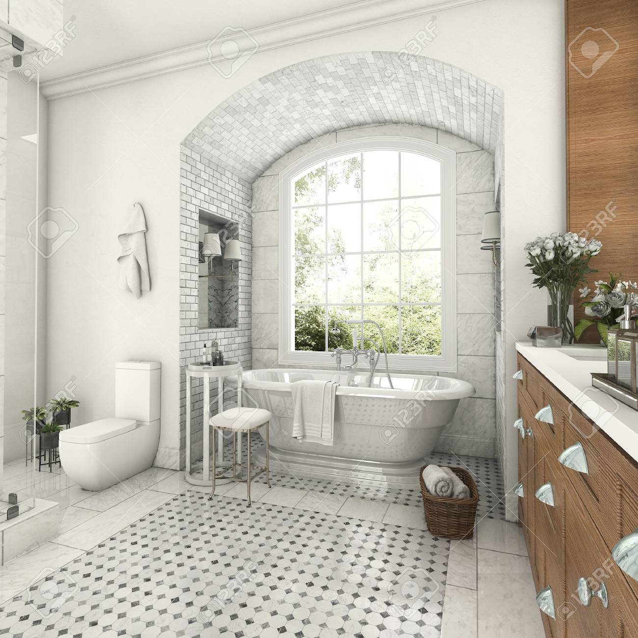 3d, Madera Y Azulejo, Diseño, Cuarto De Baño, Cerca, Ventana, Con ... 3d, Madera Y Azulejo, Diseño, Cuarto De Baño, Cerca, Ventana, Con ...