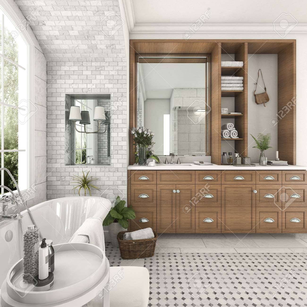 3d, Madera Y Azulejo, Diseño, Cuarto De Baño, Cerca, Ventana, Con ... 3d, Madera Y Azulejo, Diseño, Cuarto De Baño, Cerca, Ventana, Con ...