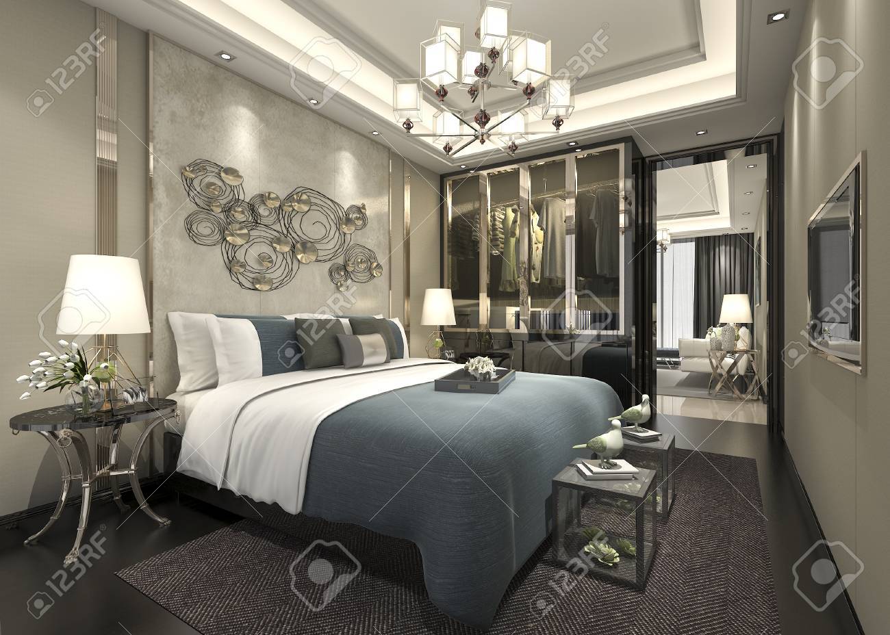 ワードローブ クローゼットの中を歩くとホテルで 3 D レンダリング ラグジュアリー モダンなベッドルーム スイート の写真素材 画像素材 Image