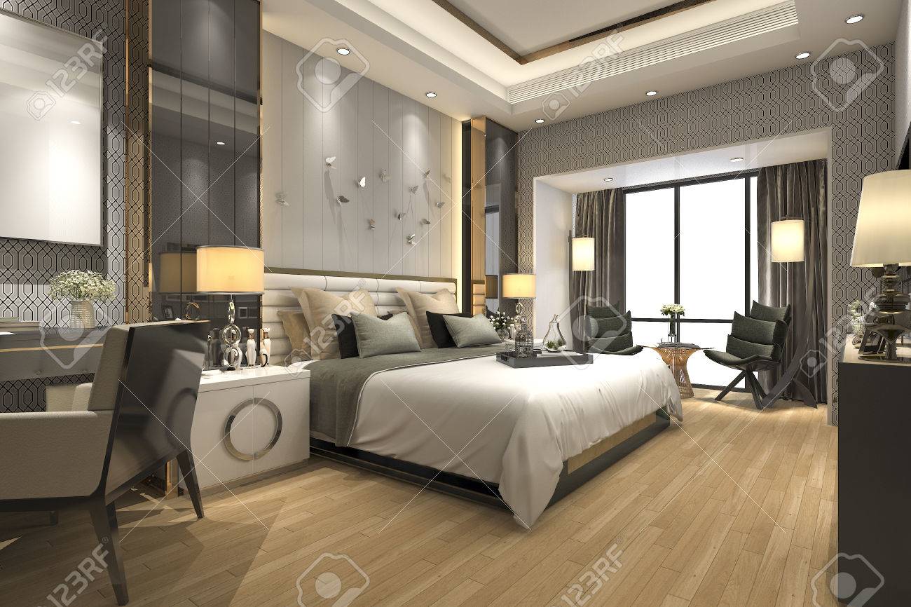 3d Rendering Luxury Modern Bedroom Suite In Hotel
